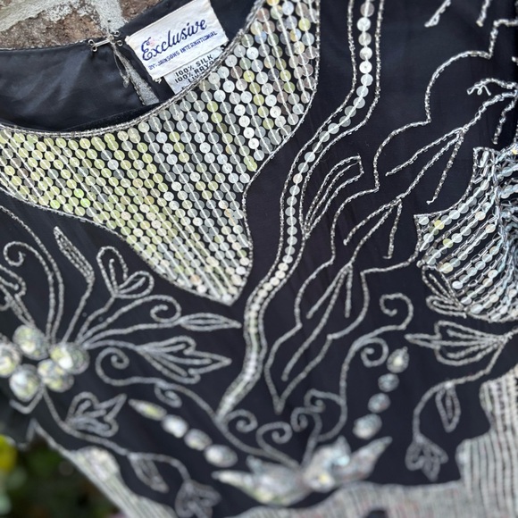 Vintage 80s Sequin Silk Top Black Silver Beaded Party Blouse S - Picture 7 of 10